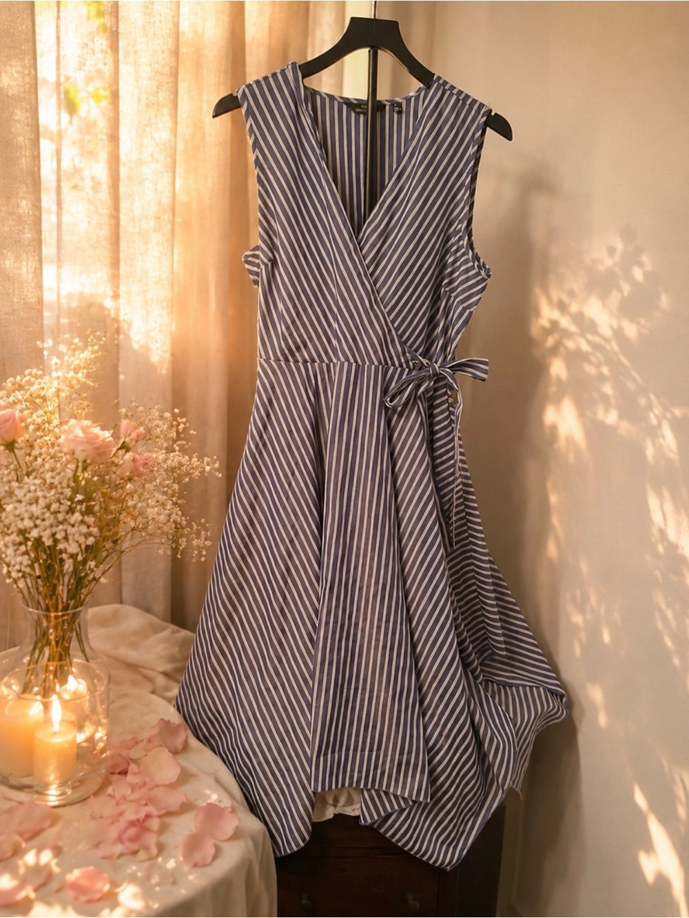 Mlle Gabrielle Navy and White Striped Asymmetrical Wrap Dress